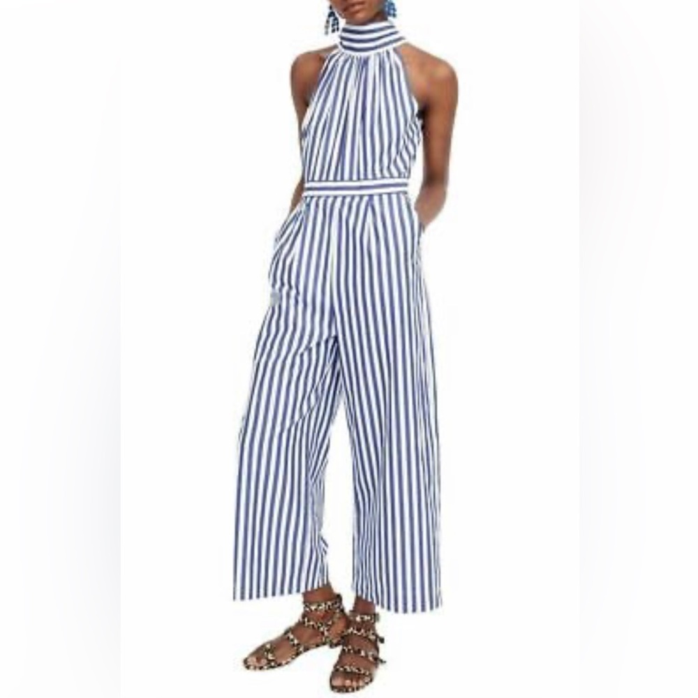 J Crew Halter Neck Bow Tie Blue & White Striped jumpsuit Sz 4